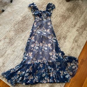 Bohemian style floral chiffon lined maxi dress. Flared and off the shoulder.